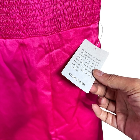 NSR Smocked Fuchsia Pink Party Dress Midi M Puff Sleeves Slit Satiny 3592 READ - Picture 4 of 13